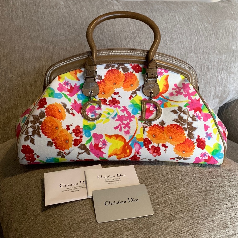 White and multicolor canvas Christian Dior handle bag Authentic